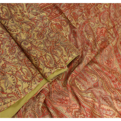 Sanskriti Vintage Sarees Red/Beige Pure Silk Printed Sari 5yd Soft Craft Sustainable Fabric