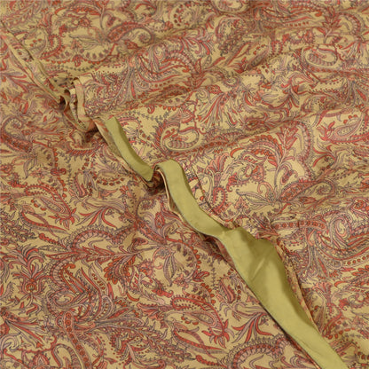 Sanskriti Vintage Sarees Red/Beige Pure Silk Printed Sari 5yd Soft Craft Sustainable Fabric
