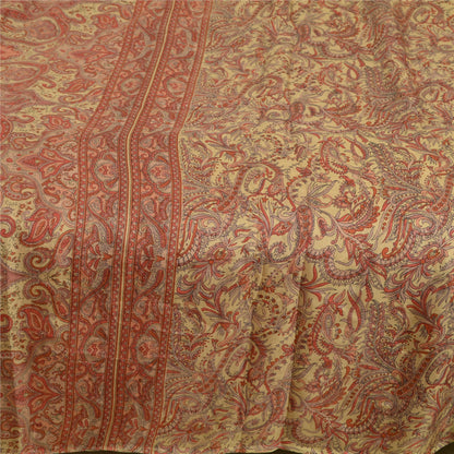 Sanskriti Vintage Sarees Red/Beige Pure Silk Printed Sari 5yd Soft Craft Sustainable Fabric