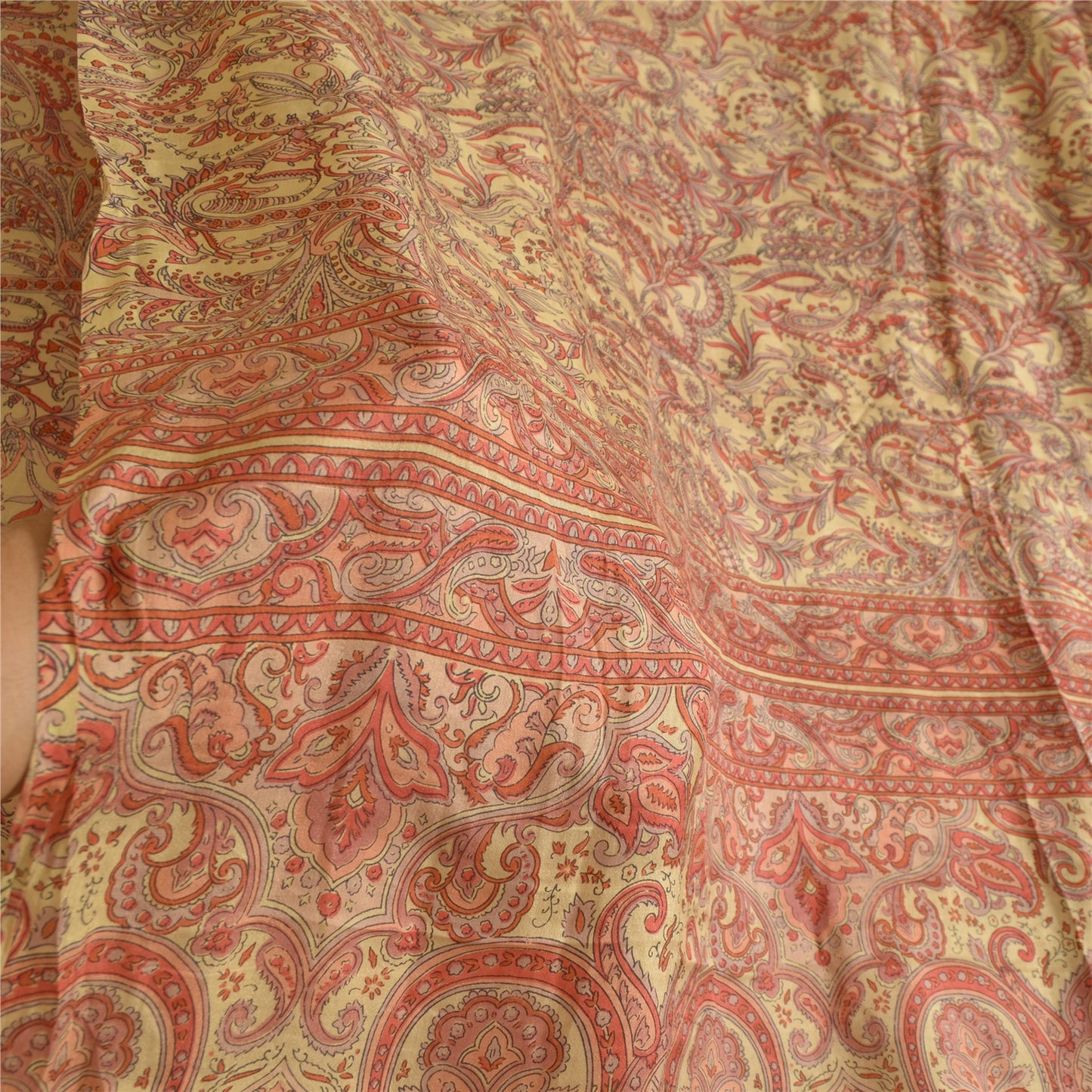 Sanskriti Vintage Sarees Red/Beige Pure Silk Printed Sari 5yd Soft Craft Sustainable Fabric