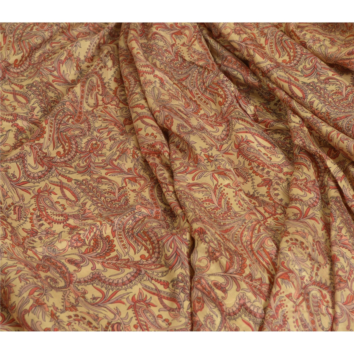 Sanskriti Vintage Sarees Red/Beige Pure Silk Printed Sari 5yd Soft Craft Sustainable Fabric