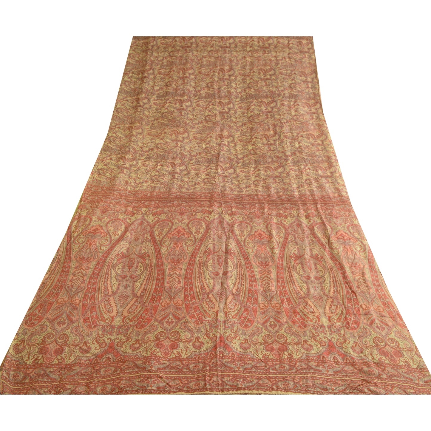 Sanskriti Vintage Sarees Red/Beige Pure Silk Printed Sari 5yd Soft Craft Sustainable Fabric