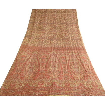 Sanskriti Vintage Sarees Red/Beige Pure Silk Printed Sari 5yd Soft Craft Sustainable Fabric