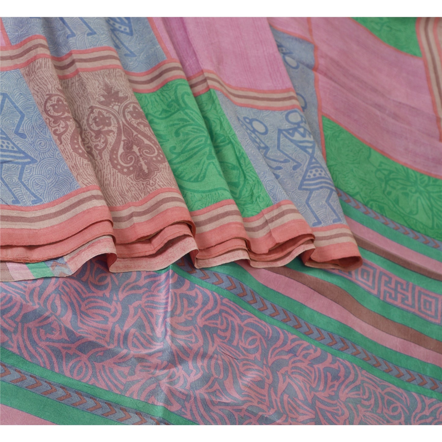 Sanskriti Vintage Sarees Multi Warli Art Pure Silk Printed Sari 5yd Craft Sustainable Fabric