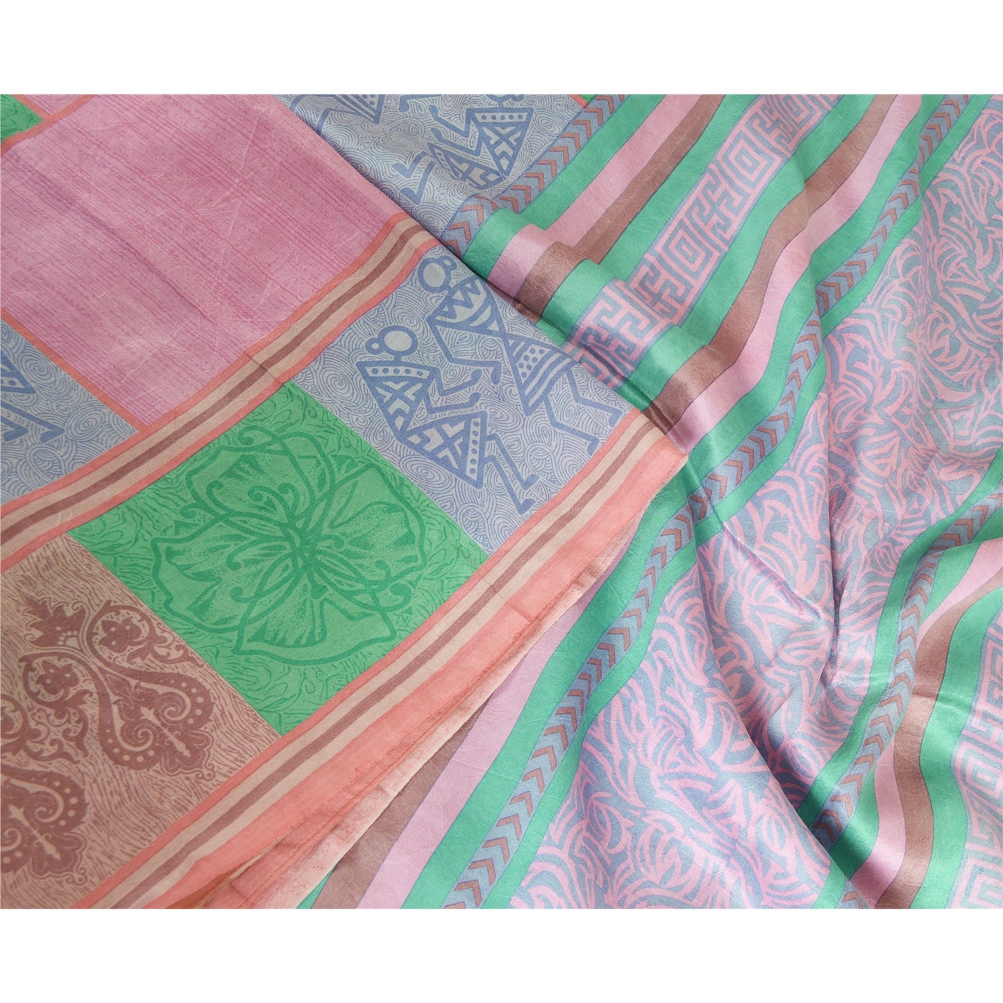 Sanskriti Vintage Sarees Multi Warli Art Pure Silk Printed Sari 5yd Craft Sustainable Fabric
