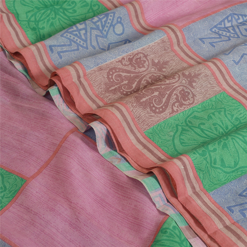 Sanskriti Vintage Saree 100% Pure Silk Multicolor Warli Art Human Printed Saree 5Yd Craft Fabric Pre-Owned Indian Upcycled, Recycled
