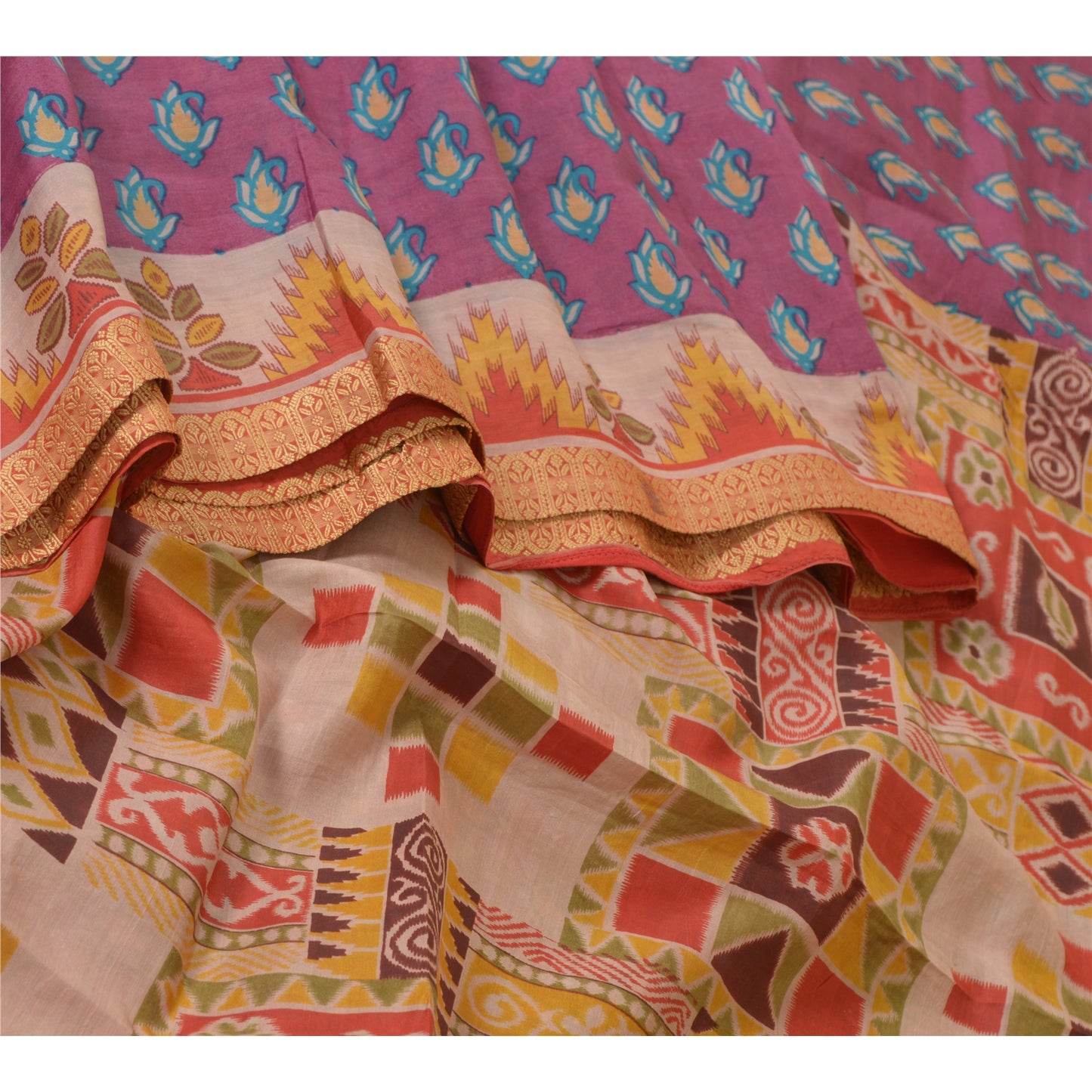 Sanskriti Vintage Sarees Purple 100% Pure Silk Printed Sari Floral Craft Sustainable Fabric