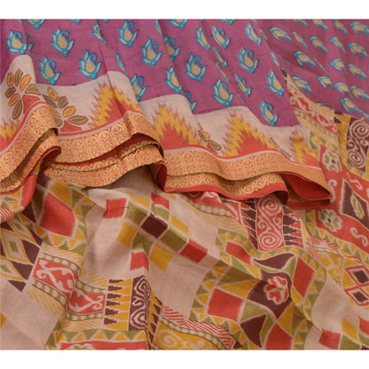 Sanskriti Vintage Sarees Purple 100% Pure Silk Printed Sari Floral Craft Sustainable Fabric