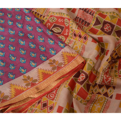 Sanskriti Vintage Sarees Purple 100% Pure Silk Printed Sari Floral Craft Sustainable Fabric
