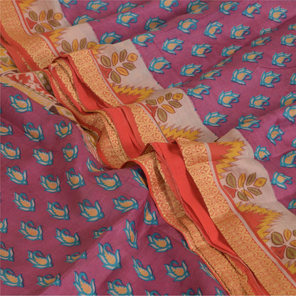 Sanskriti Vintage Sarees Purple 100% Pure Silk Printed Sari Floral Craft Sustainable Fabric
