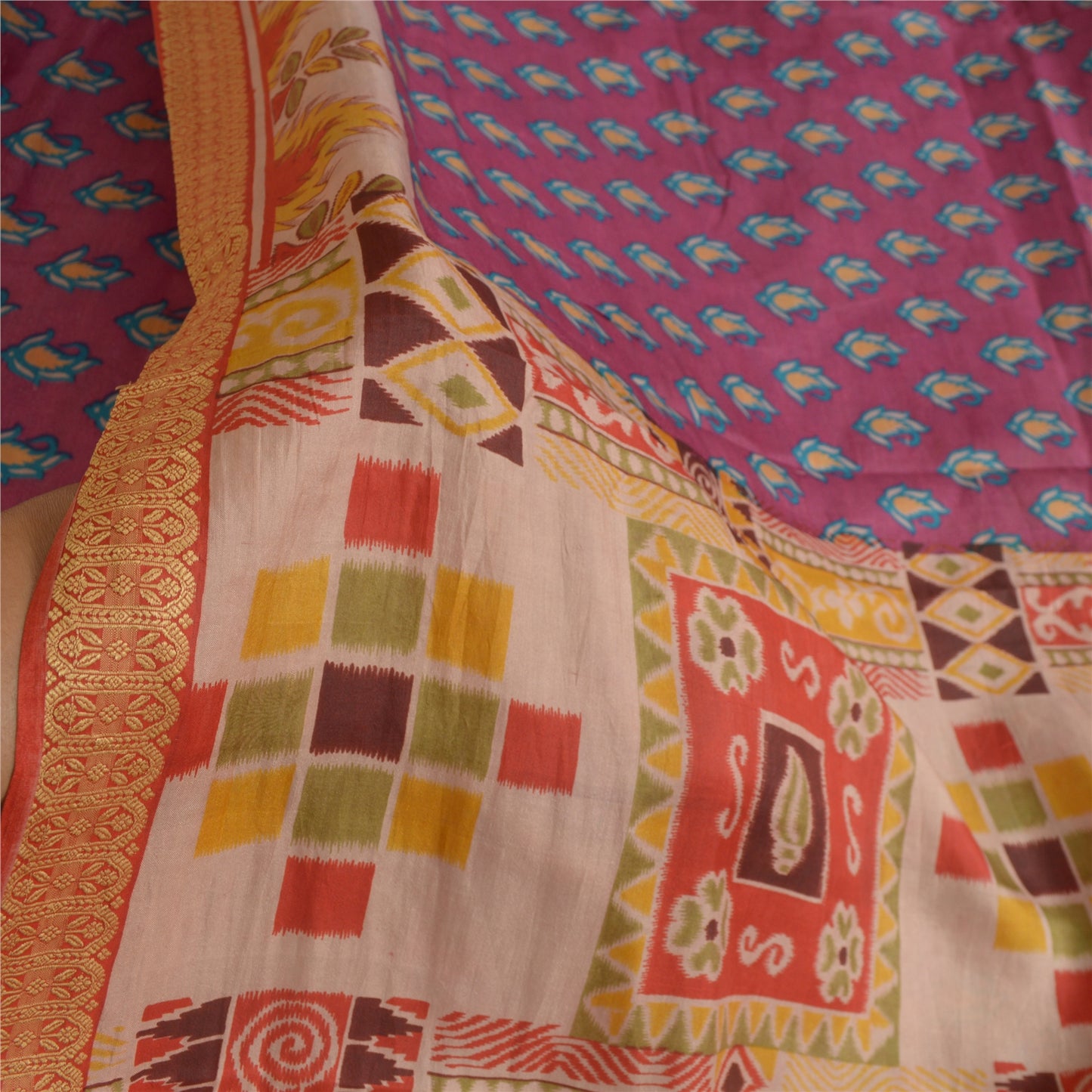 Sanskriti Vintage Sarees Purple 100% Pure Silk Printed Sari Floral Craft Sustainable Fabric