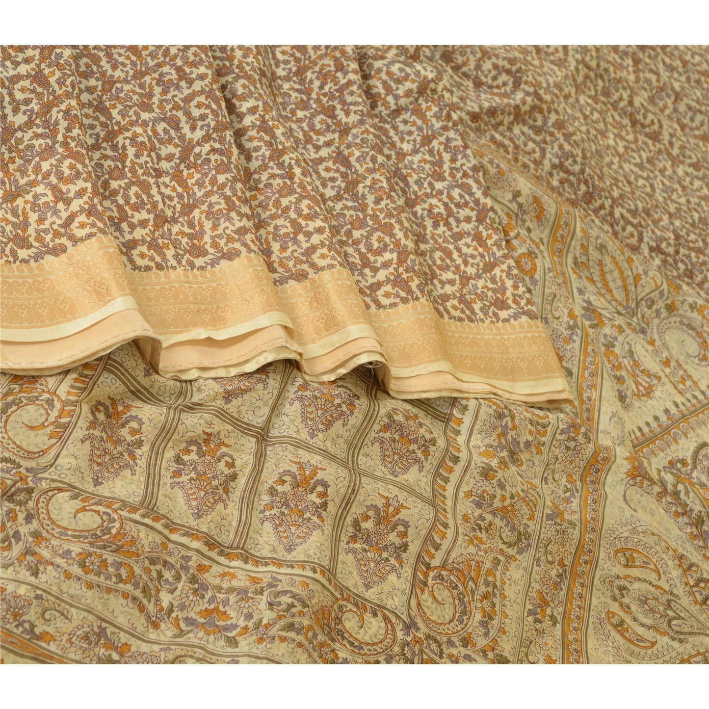 Sanskriti Vintage Sarees Cream Pure Silk Printed Woven Border Sari Craft Sustainable Fabric