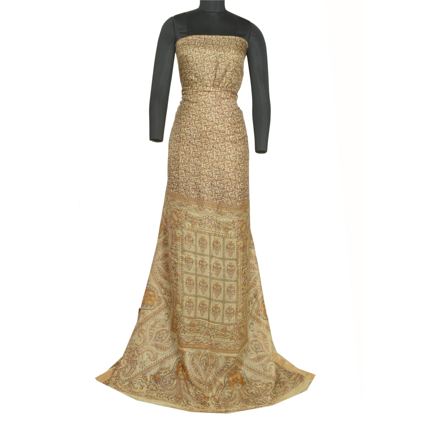 Sanskriti Vintage Sarees Cream Pure Silk Printed Woven Border Sari Craft Sustainable Fabric