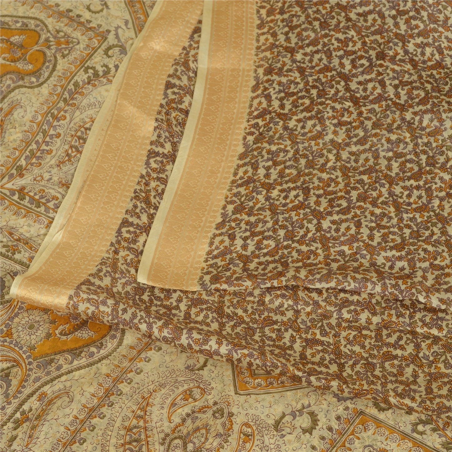 Sanskriti Vintage Sarees Cream Pure Silk Printed Woven Border Sari Craft Sustainable Fabric