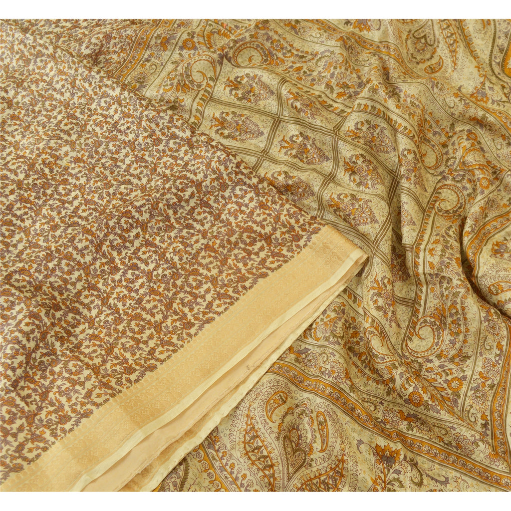 Sanskriti Vintage Sarees Cream Pure Silk Printed Woven Border Sari Craft Sustainable Fabric