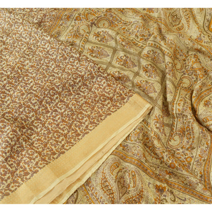 Sanskriti Vintage Sarees Cream Pure Silk Printed Woven Border Sari Craft Sustainable Fabric