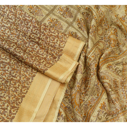 Sanskriti Vintage Sarees Cream Pure Silk Printed Woven Border Sari Craft Sustainable Fabric