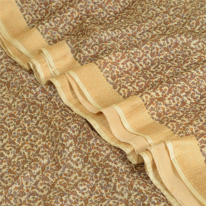 Sanskriti Vintage Sarees Cream Pure Silk Printed Woven Border Sari Craft Sustainable Fabric