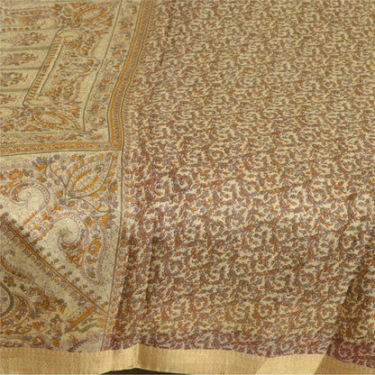 Sanskriti Vintage Sarees Cream Pure Silk Printed Woven Border Sari Craft Sustainable Fabric