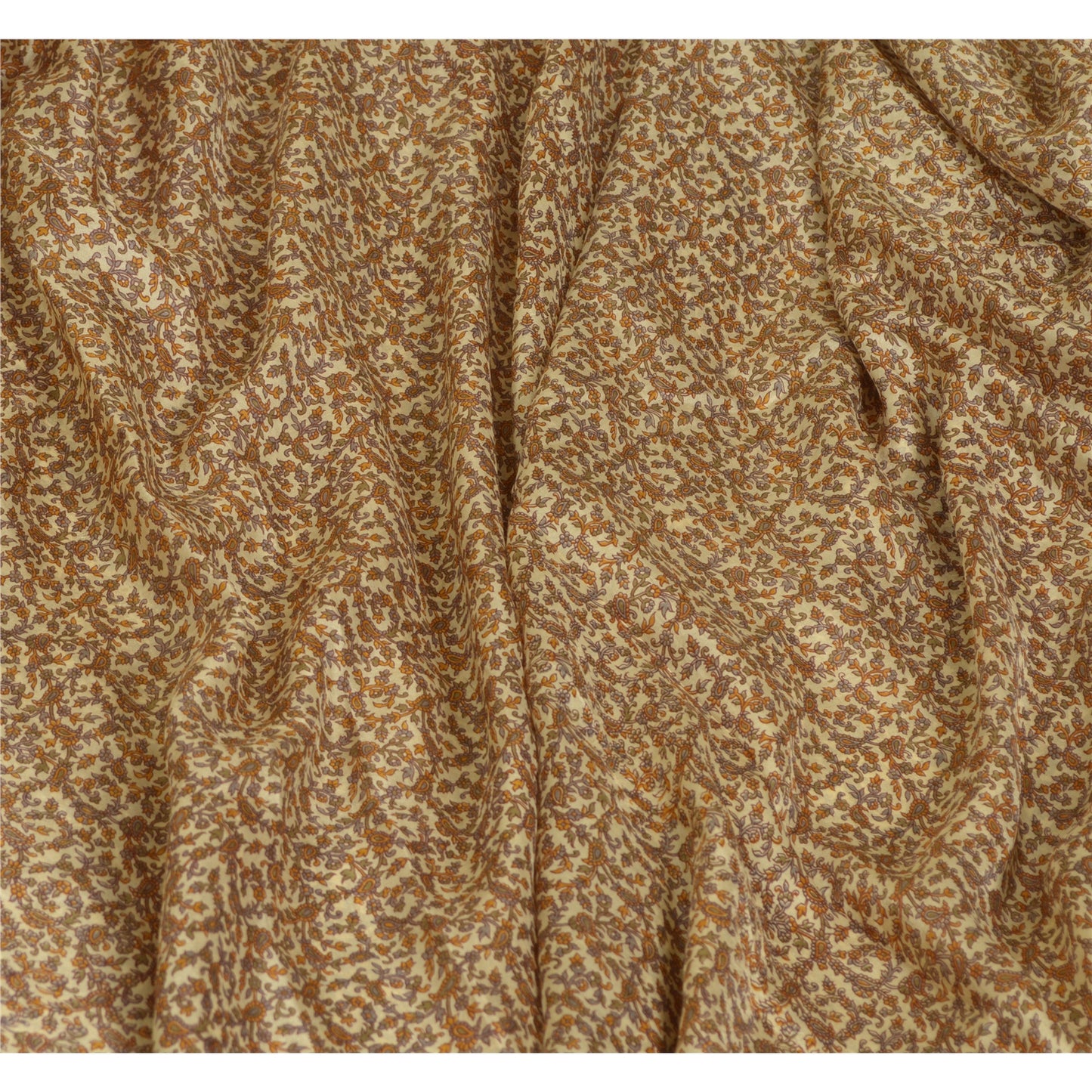 Sanskriti Vintage Sarees Cream Pure Silk Printed Woven Border Sari Craft Sustainable Fabric