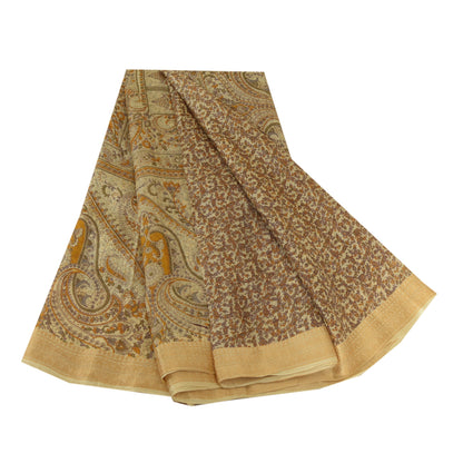 Sanskriti Vintage Sarees Cream Pure Silk Printed Woven Border Sari Craft Sustainable Fabric