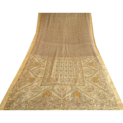Sanskriti Vintage Sarees Cream Pure Silk Printed Woven Border Sari Craft Sustainable Fabric