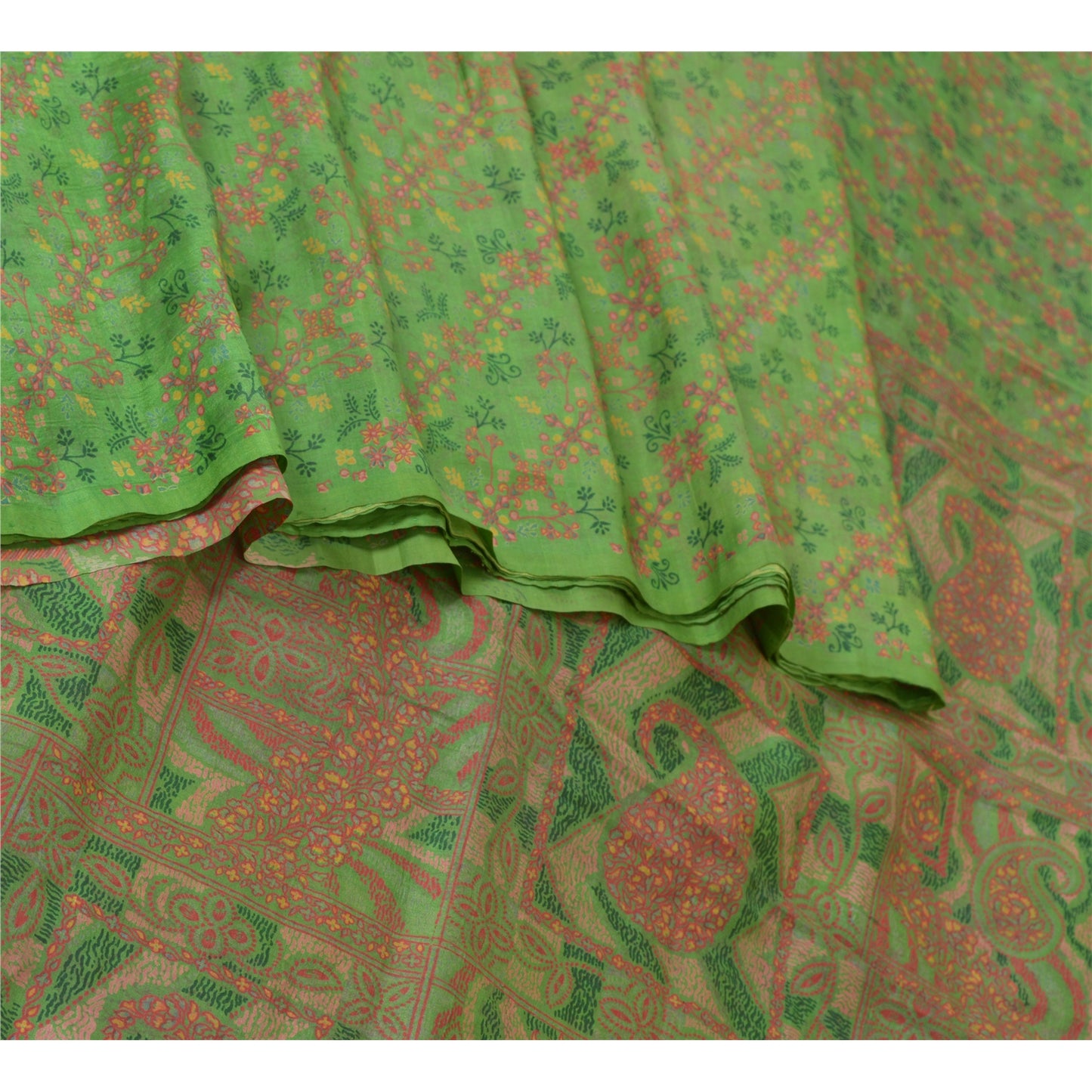 Sanskriti Vintage Green Indian Sarees 100% Pure Silk Printed Sari Craft Sustainable Fabric