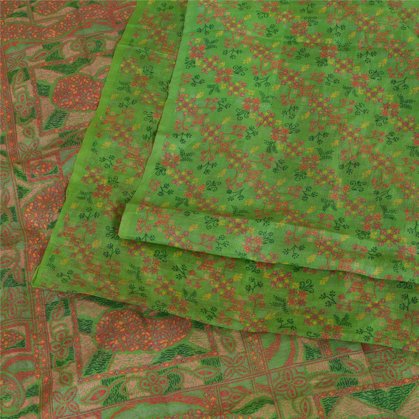 Sanskriti Vintage Green Indian Sarees 100% Pure Silk Printed Sari Craft Sustainable Fabric