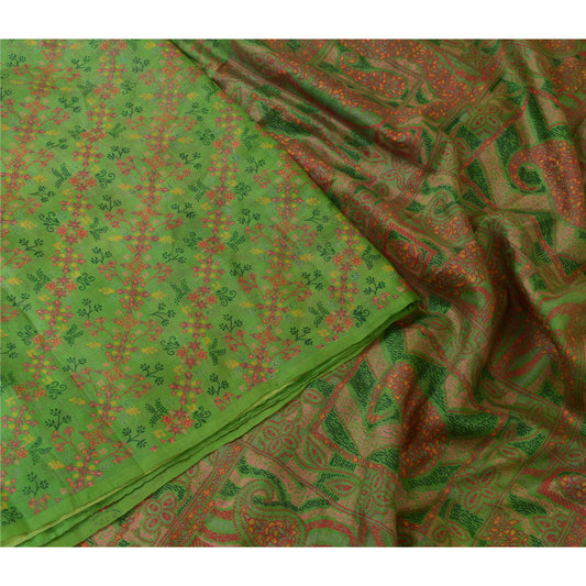 Sanskriti Vintage Green Indian Sarees 100% Pure Silk Printed Sari Craft Sustainable Fabric