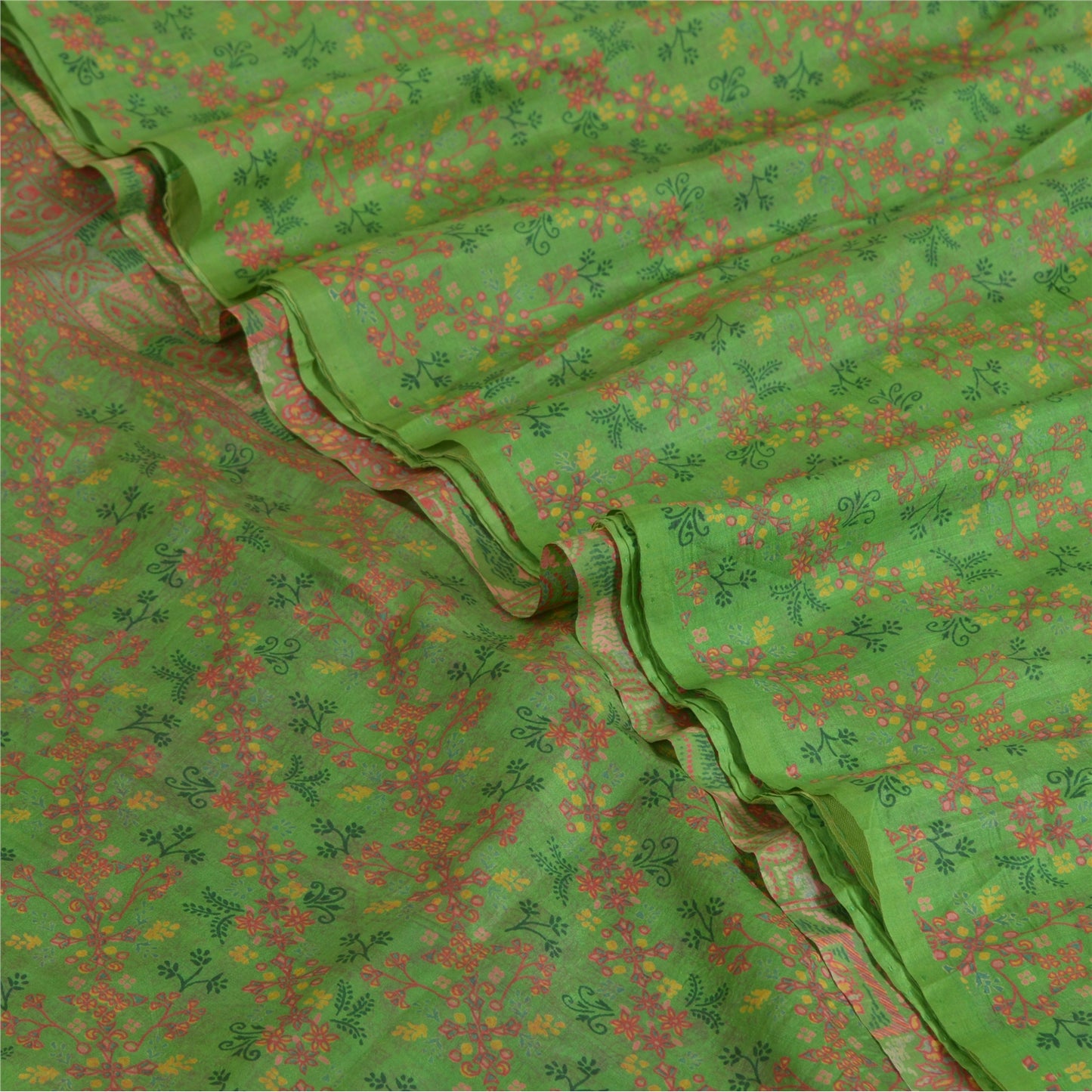Sanskriti Vintage Green Indian Sarees 100% Pure Silk Printed Sari Craft Sustainable Fabric