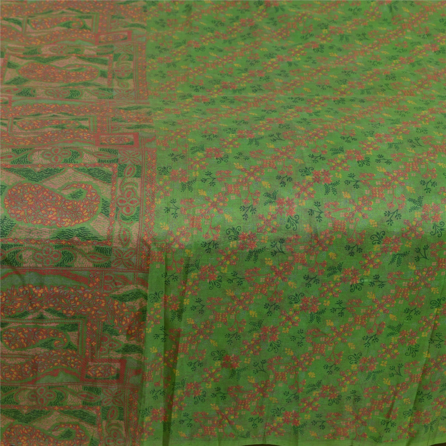 Sanskriti Vintage Green Indian Sarees 100% Pure Silk Printed Sari Craft Sustainable Fabric