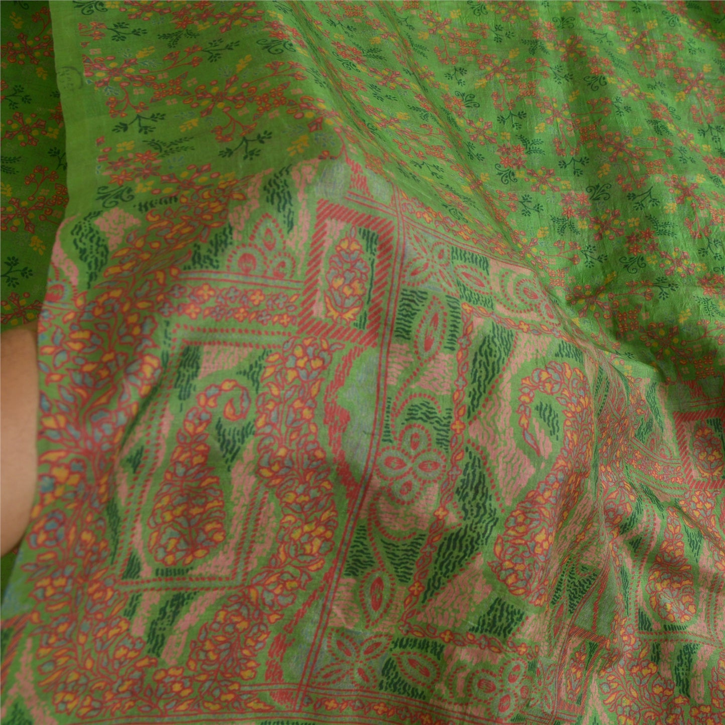 Sanskriti Vintage Green Indian Sarees 100% Pure Silk Printed Sari Craft Sustainable Fabric