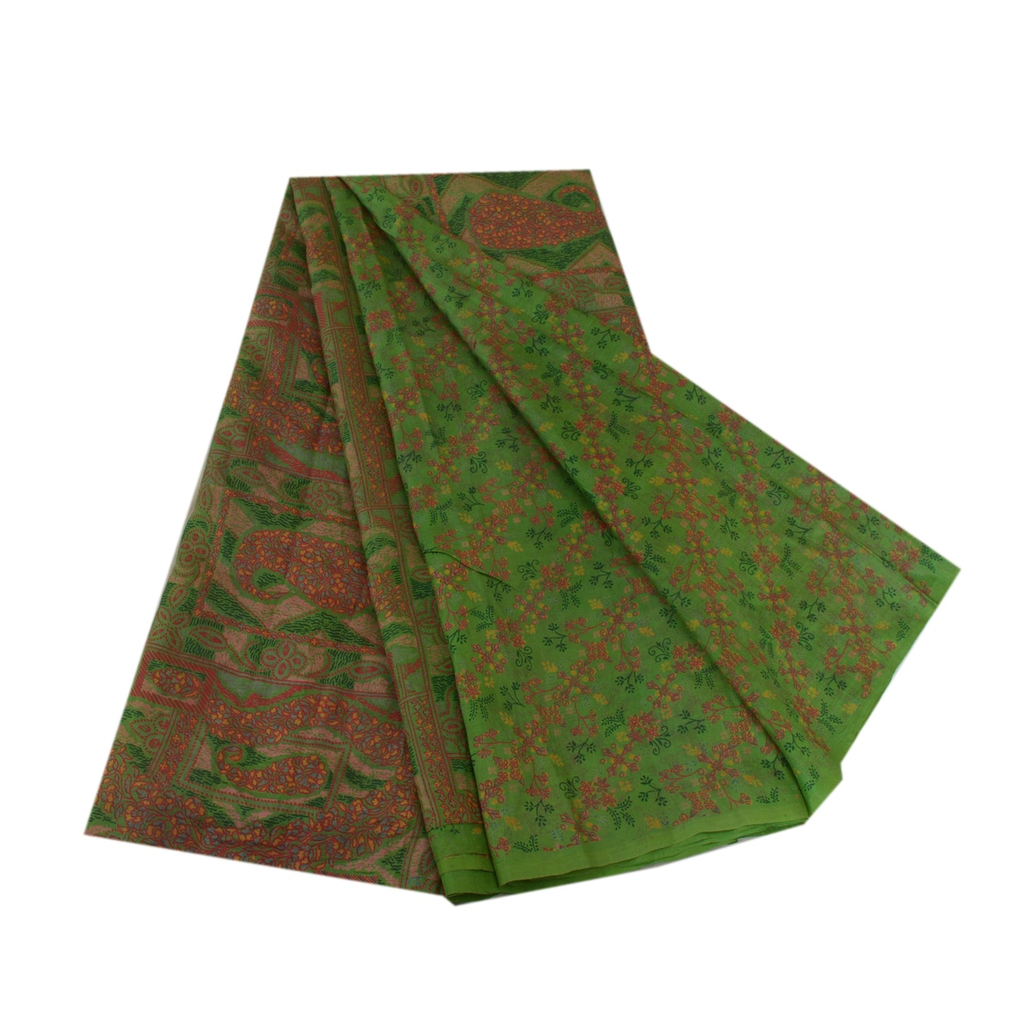Sanskriti Vintage Green Indian Sarees 100% Pure Silk Printed Sari Craft Sustainable Fabric
