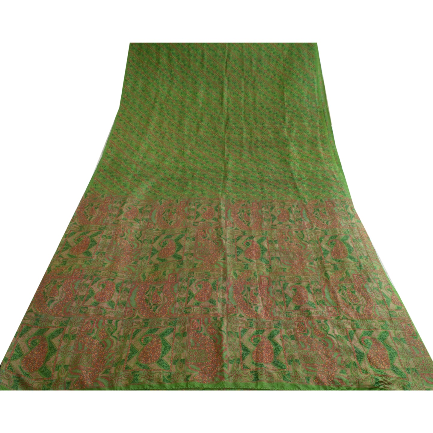 Sanskriti Vintage Green Indian Sarees 100% Pure Silk Printed Sari Craft Sustainable Fabric