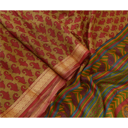 Sanskriti Vintage Brown Indian Sarees 100% Pure Silk Printed Sari Craft Sustainable Fabric
