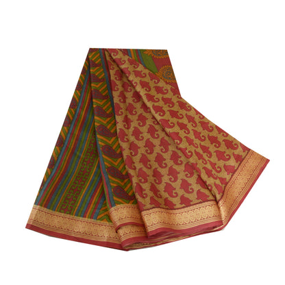 Sanskriti Vintage Brown Indian Sarees 100% Pure Silk Printed Sari Craft Sustainable Fabric