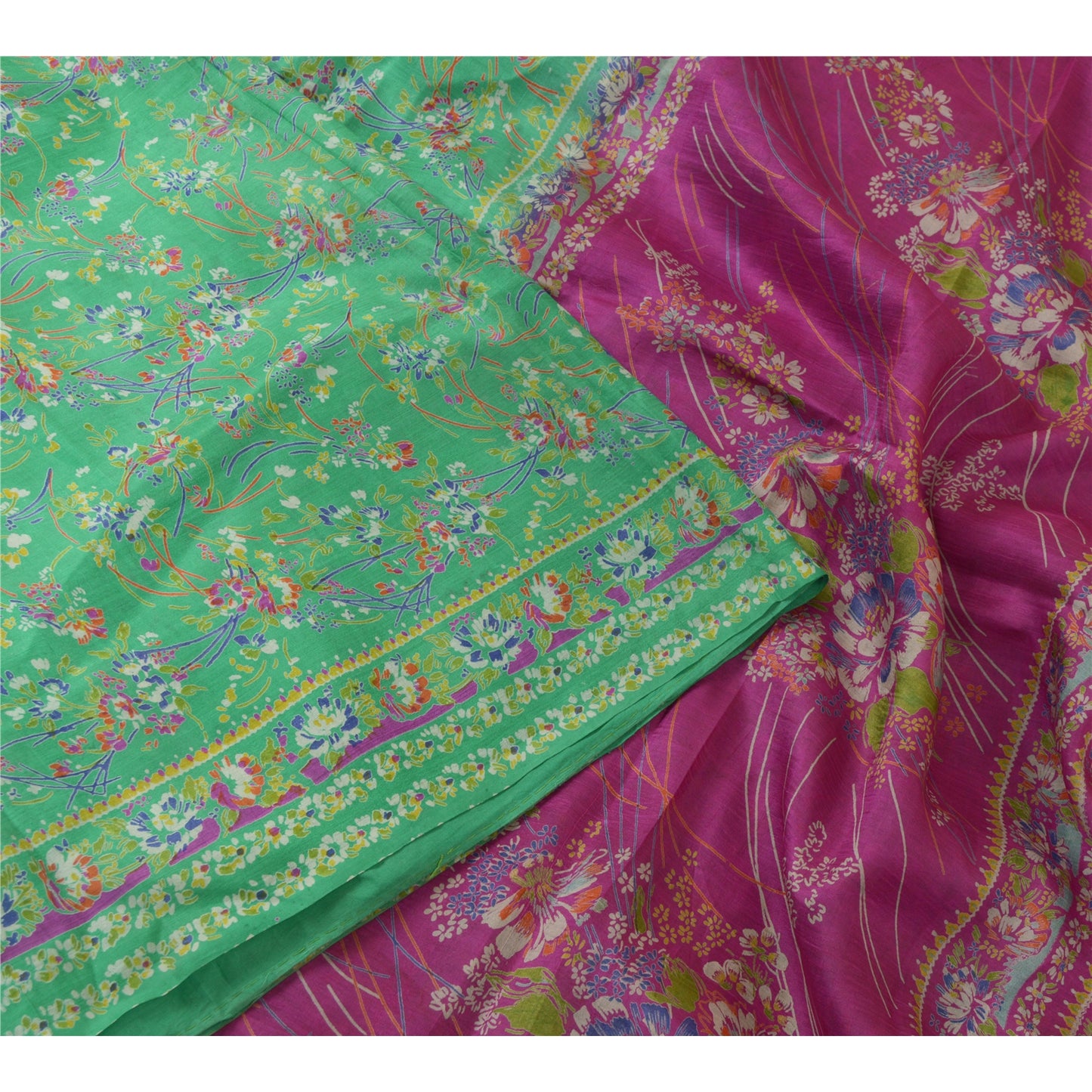 Sanskriti Vintage Purple/Green Sarees 100% Pure Silk Printed Sari Craft Sustainable Fabric
