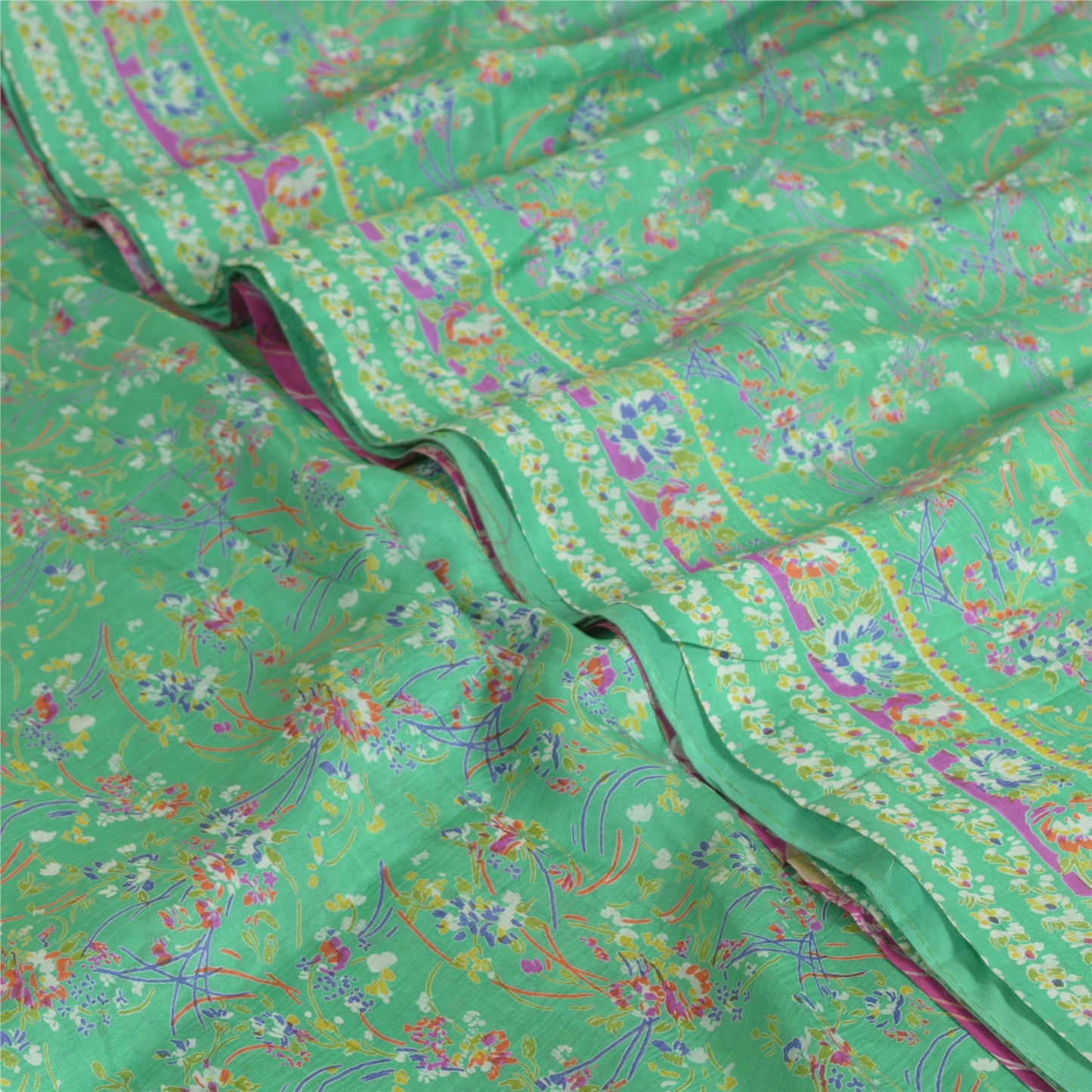 Sanskriti Vintage Purple/Green Sarees 100% Pure Silk Printed Sari Craft Sustainable Fabric