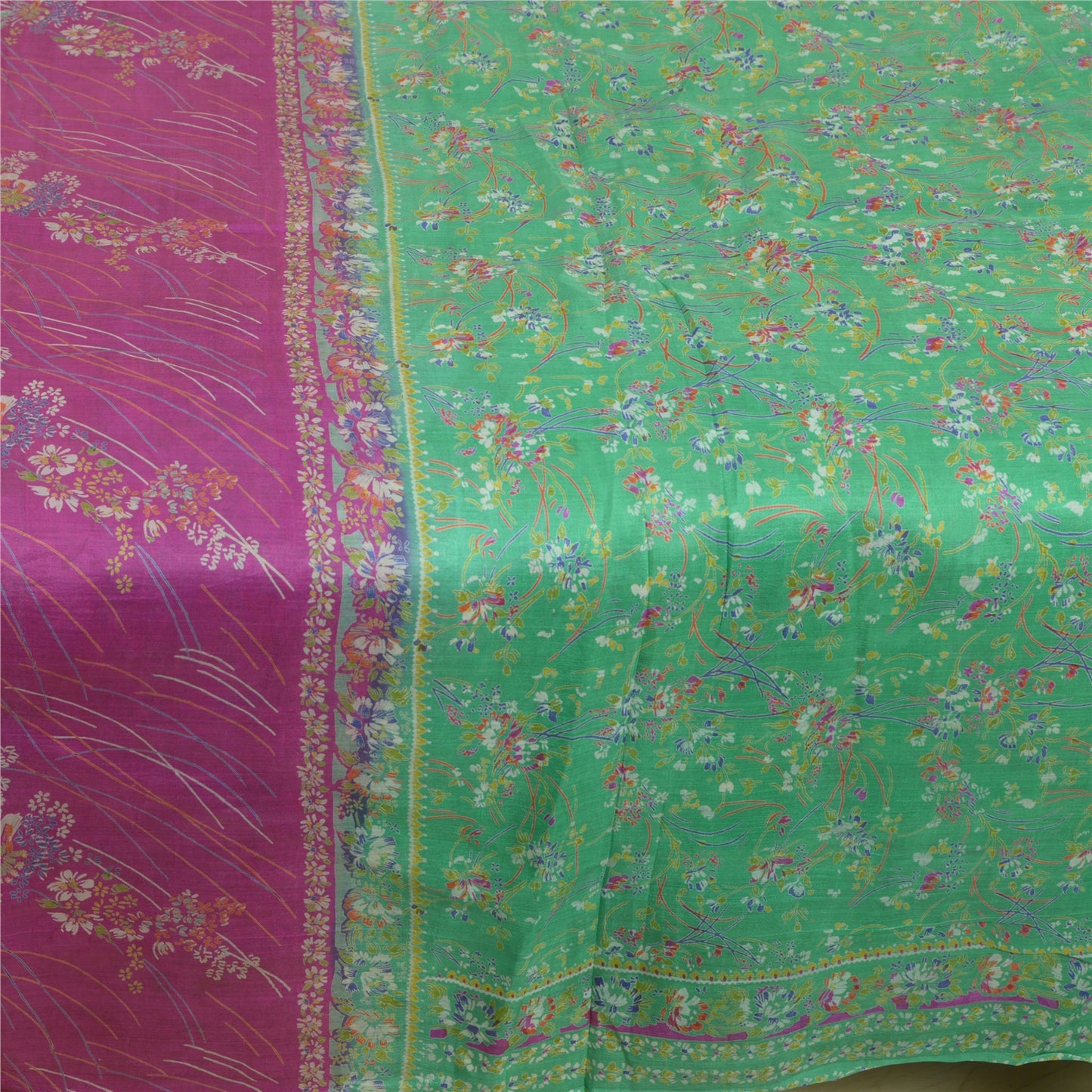 Sanskriti Vintage Purple/Green Sarees 100% Pure Silk Printed Sari Craft Sustainable Fabric
