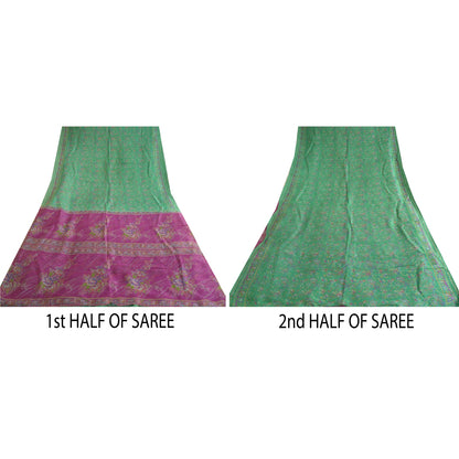 Sanskriti Vintage Purple/Green Sarees 100% Pure Silk Printed Sari Craft Sustainable Fabric