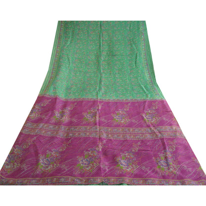 Sanskriti Vintage Purple/Green Sarees 100% Pure Silk Printed Sari Craft Sustainable Fabric