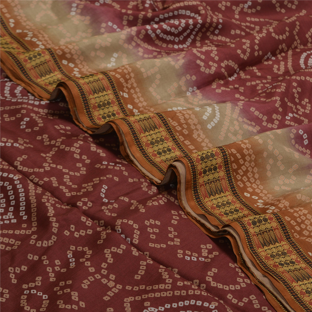 Sanskriti Vintage Sarees Red/Brown Bandhani Printed Pure Silk Sari Craft Fabric