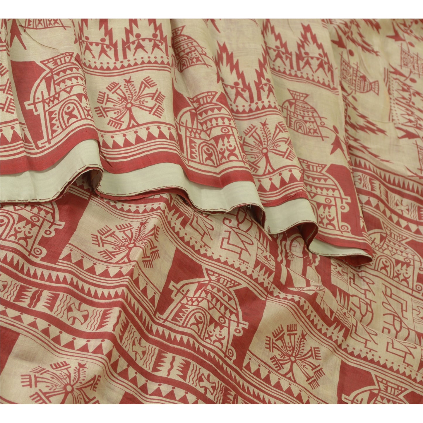 Санскритские винтажные сари красные/кремовые из чистого шелка с абстрактным принтом сари из экологически чистой ткани