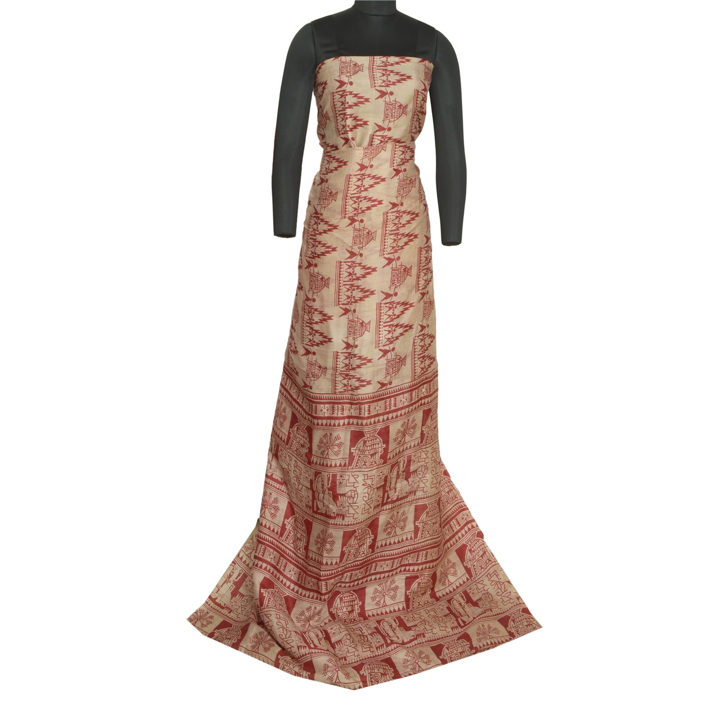 Санскритские винтажные сари красные/кремовые из чистого шелка с абстрактным принтом сари из экологически чистой ткани