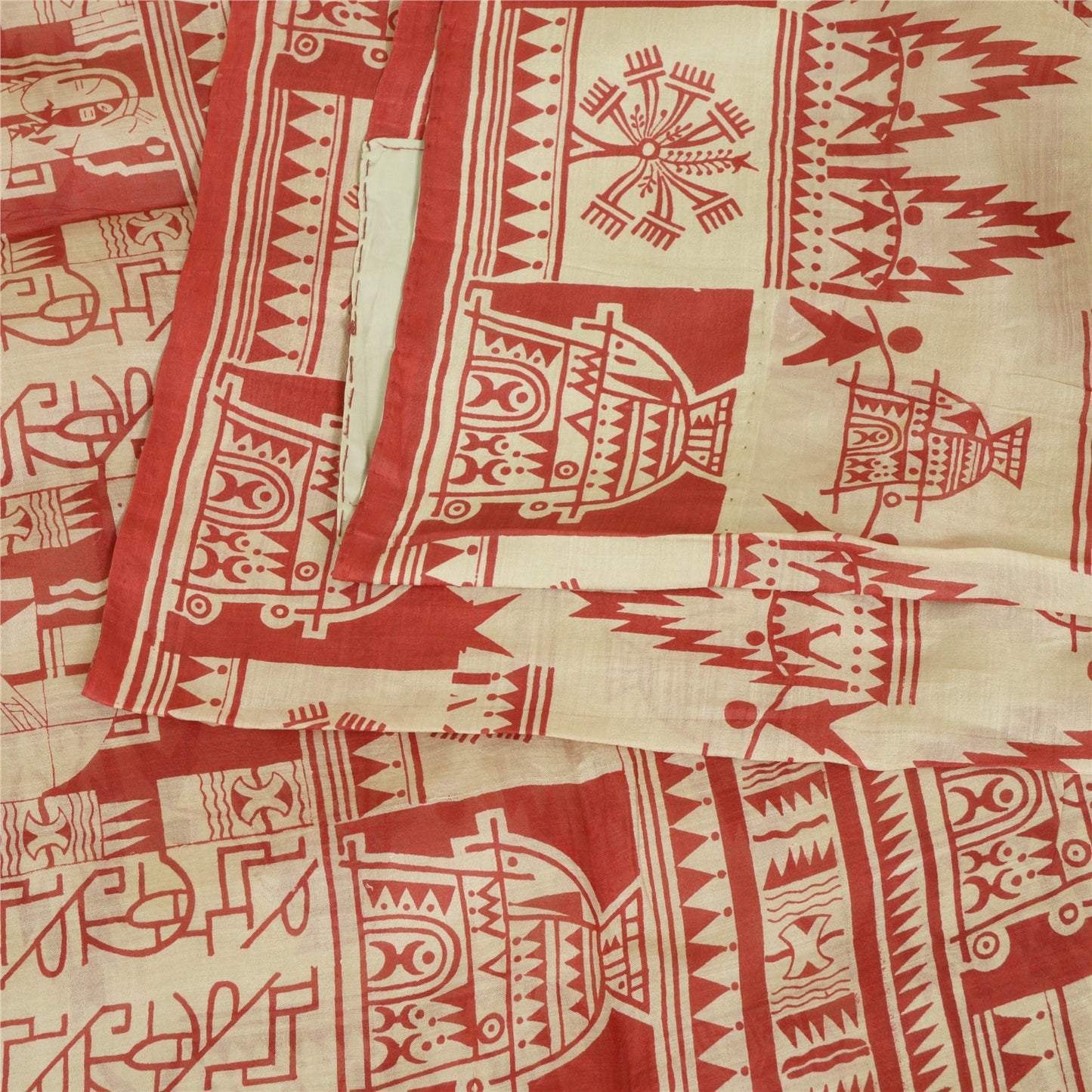 Санскритские винтажные сари красные/кремовые из чистого шелка с абстрактным принтом сари из экологически чистой ткани