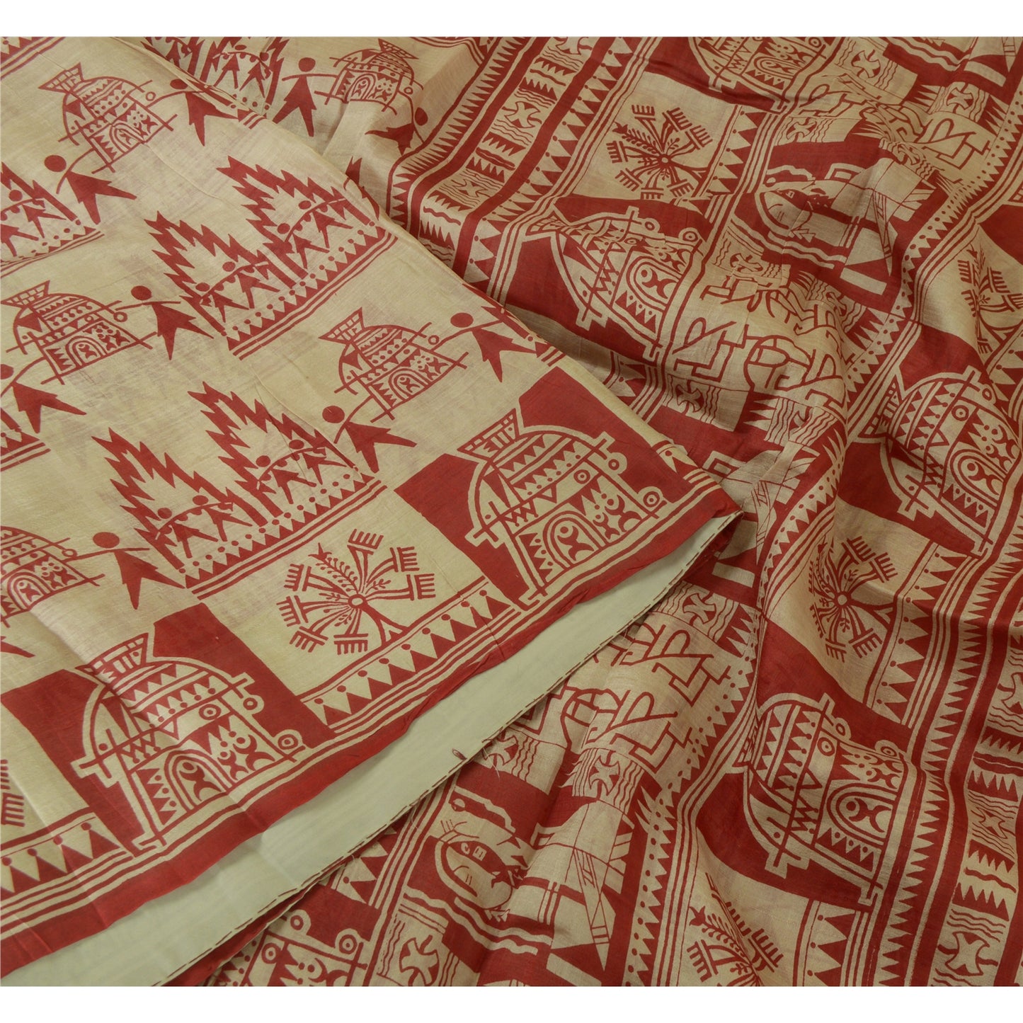 Санскритские винтажные сари красные/кремовые из чистого шелка с абстрактным принтом сари из экологически чистой ткани