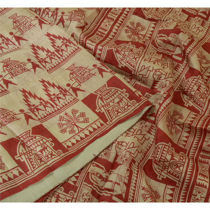 Санскритские винтажные сари красные/кремовые из чистого шелка с абстрактным принтом сари из экологически чистой ткани
