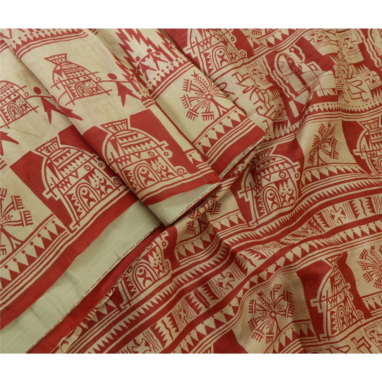 Санскритские винтажные сари красные/кремовые из чистого шелка с абстрактным принтом сари из экологически чистой ткани