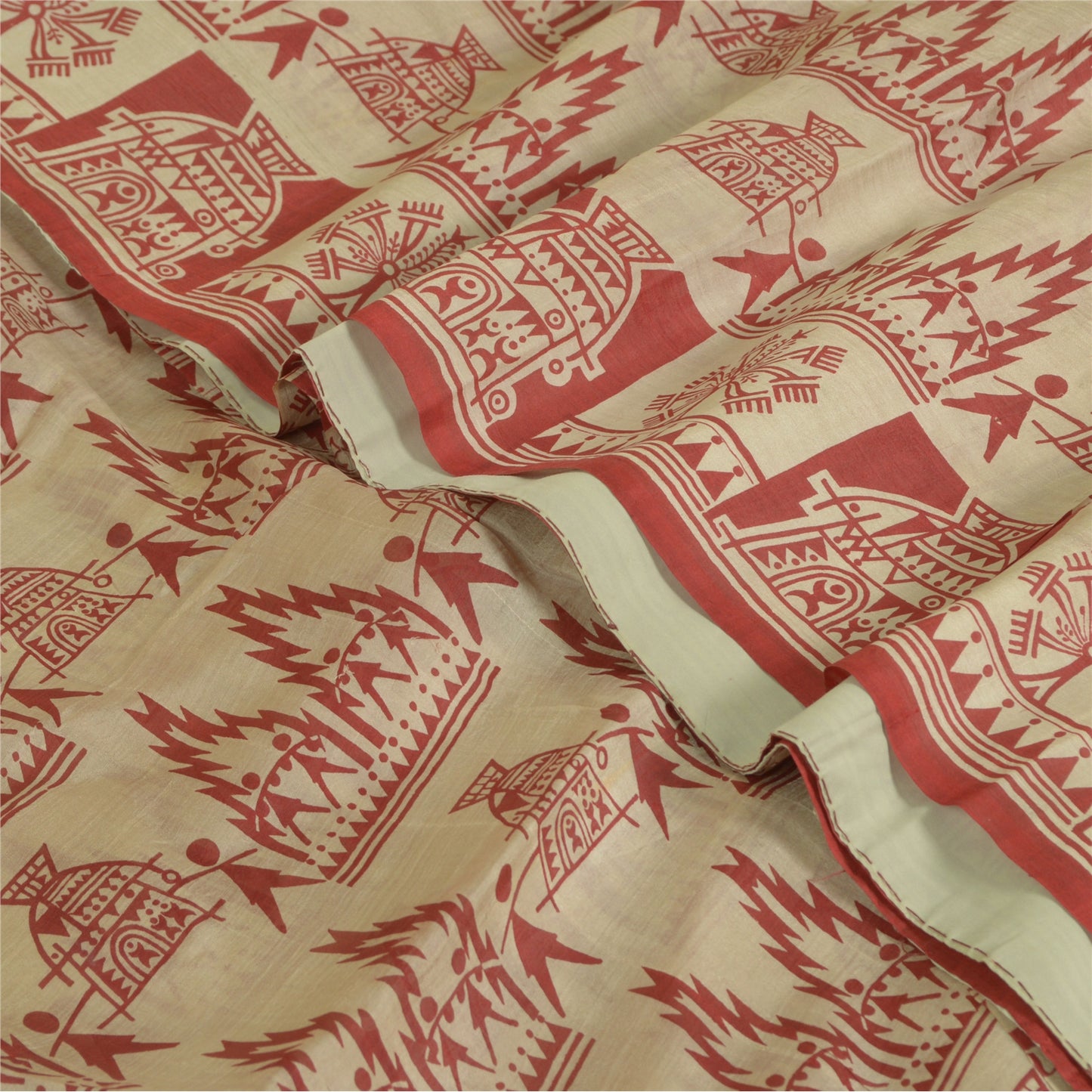 Санскритские винтажные сари красные/кремовые из чистого шелка с абстрактным принтом сари из экологически чистой ткани