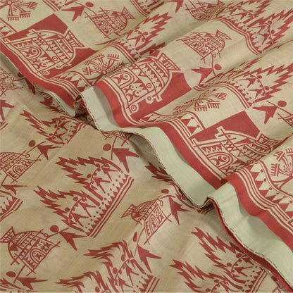 Санскритские винтажные сари красные/кремовые из чистого шелка с абстрактным принтом сари из экологически чистой ткани